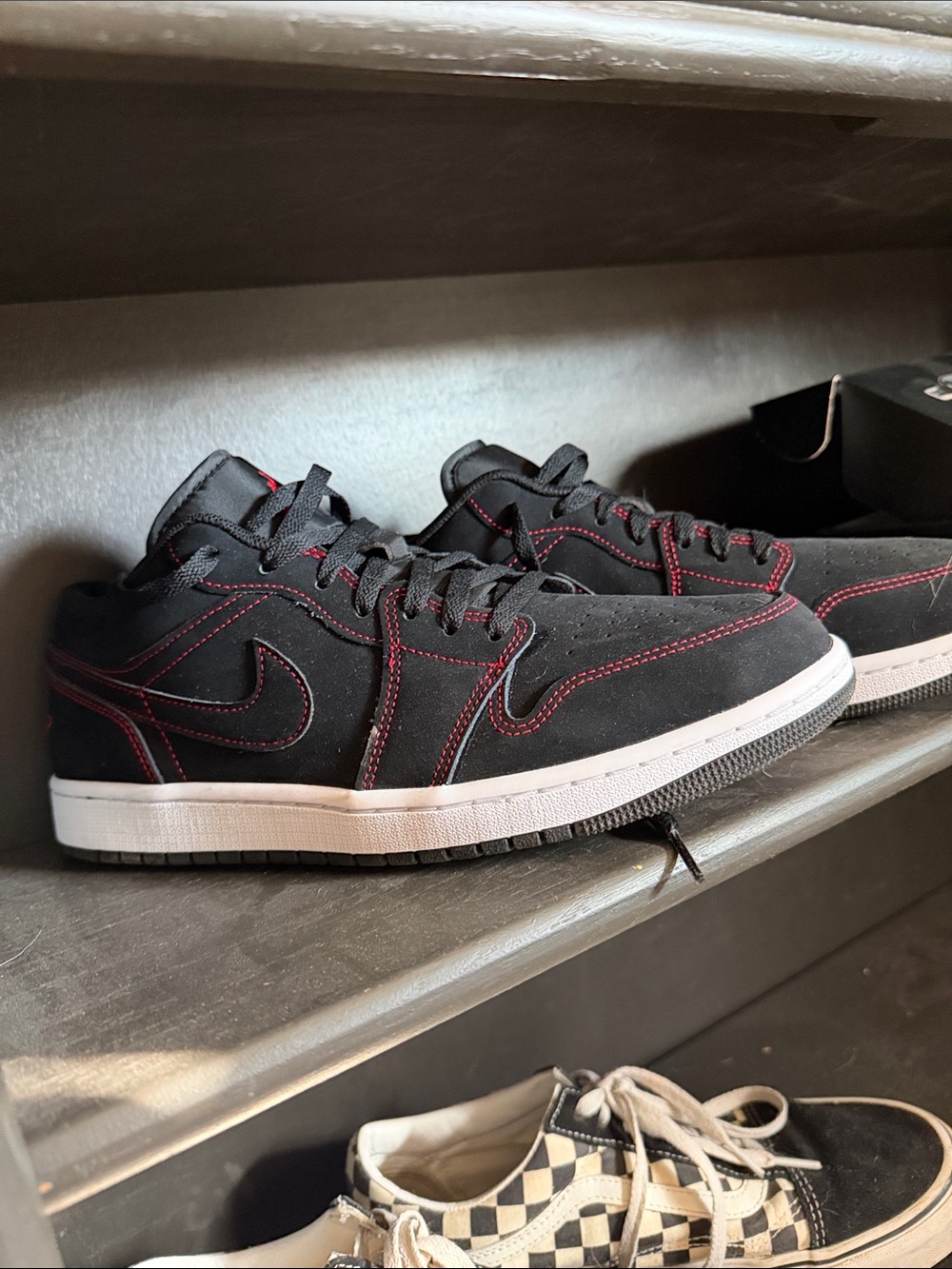 Jordan Men's Low Top Sneakers in Black with Red Stitching